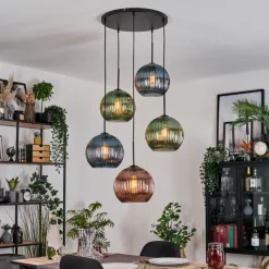 hofstein Koyoto Suspension, Boule lumineuse, Suspension grappe Bleu, Vert, Cuivré, 5 lumières