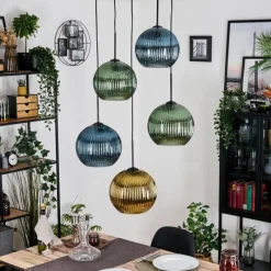 Lampes Dorées-hofstein Koyoto Suspension, Boule lumineuse, Suspension grappe Bleu, Or, Vert, 5 lumières