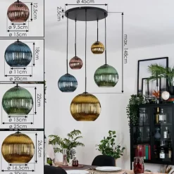 Lampes Dorées-hofstein Koyoto Suspension, Boule lumineuse, Suspension grappe Bleu, Or, Vert, Cuivré, 5 lumières