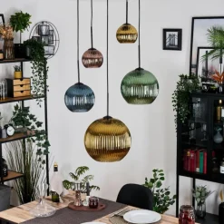 Lampes Dorées-hofstein Koyoto Suspension, Boule lumineuse, Suspension grappe Bleu, Or, Vert, Cuivré, 5 lumières