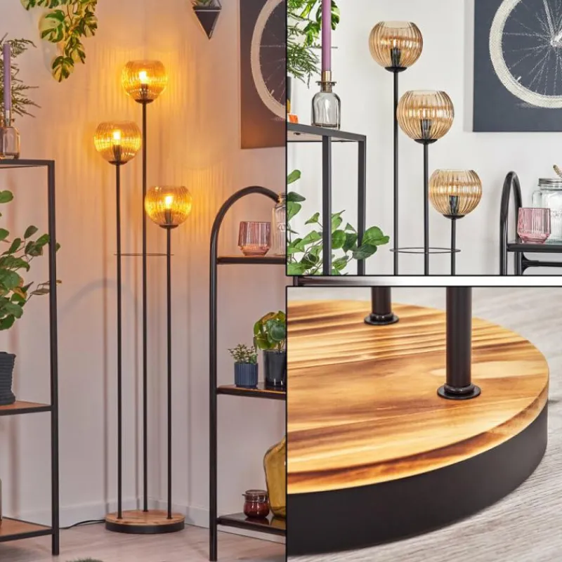 Lampes À Boules-hofstein Kyoto Lampadaire Bois clair, Noir, 3 lumières