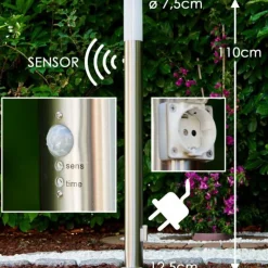 hofstein Lampadaire Caserta Acier inoxydable, 1 lumière, Détecteur de mouvement