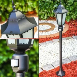 Luminaires Rustiques-hofstein Lampadaire d'extérieur Hongkong Frost Noir, Détecteur de mouvement