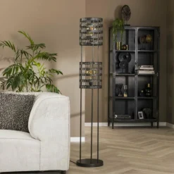 hofstein Lampadaire Gastona Nickel mat, Noir, 2 lumières