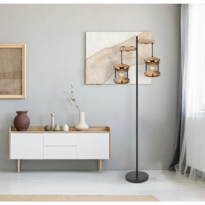 Lampes En Bois-Luminaires Globo Lighting Lampadaire Globo JEANIE Bois foncé, Noir, 2 lumières