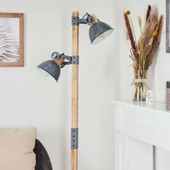 Lampes Industrielles-hofstein Lampadaire Orny Gris, Bois clair, 2 lumières