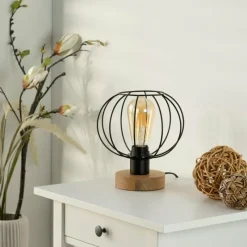 Lampes Vintages & Rétros-Luminaires Leuchten Direkt Lampe de table Leuchten-Direkt KASKA Bois foncé, Noir, 1 lumière