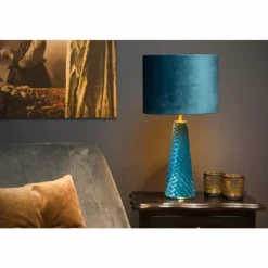 Lampes En Tissu-Luminaires Lucide Lampe de table Lucide VELVET Bleu, Laiton, 1 lumière