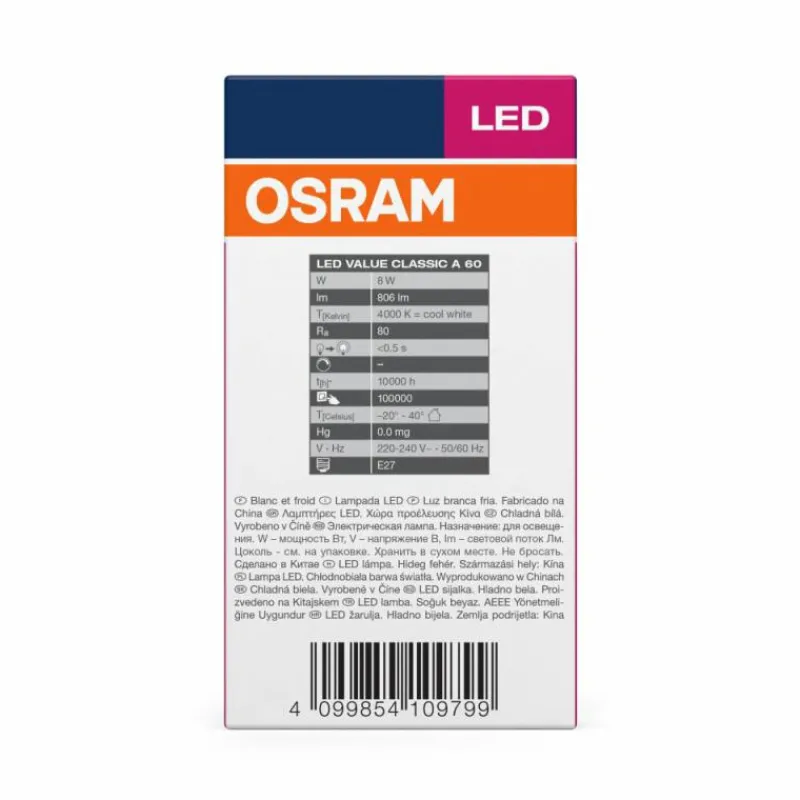 Luminaires Osram E27 LED 8.5 Watt blanc neutre 806 Lumen