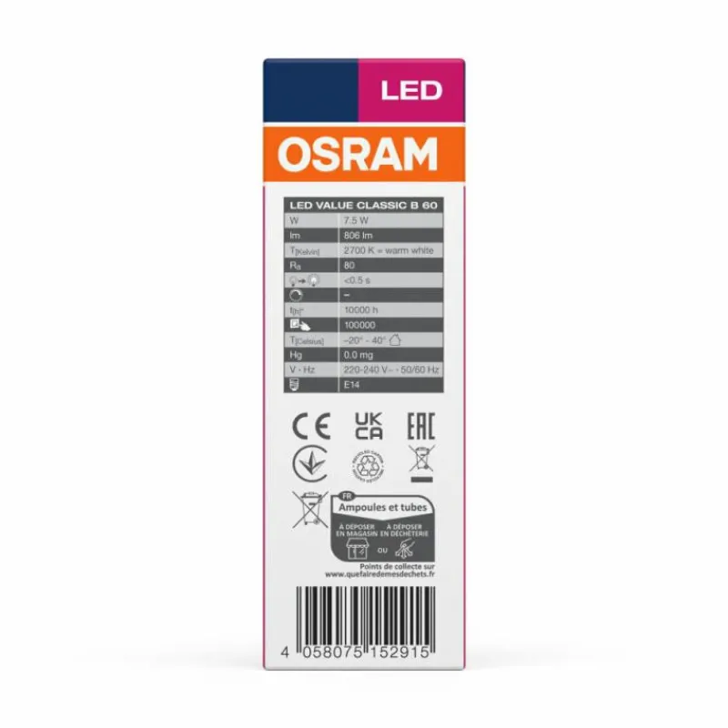 Luminaires Osram E14 LED 7.5 Watt blanc chaud 806 Lumen