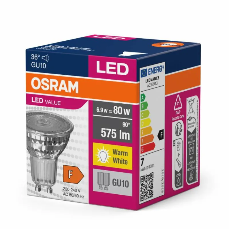 Luminaires Osram GU10 LED 6.9 Watt blanc chaud 575 Lumen