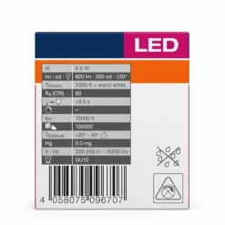 Luminaires Osram GU10 LED 6.9 Watt blanc chaud 620 Lumen