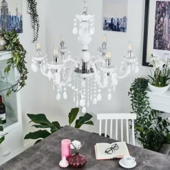 Luminaires Rustiques-hofstein Lustre Malmback Chrome, Blanc, 6 lumières