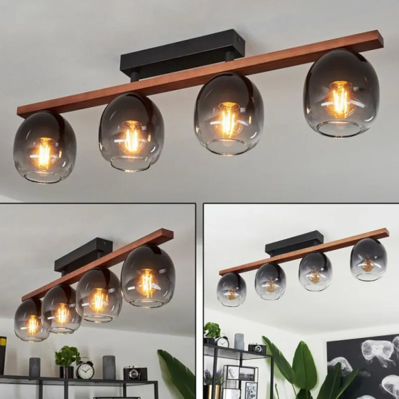 Suspension Verre Fumé-hofstein Plafonnier Chauplane Bois foncé, Noir, 4 lumières