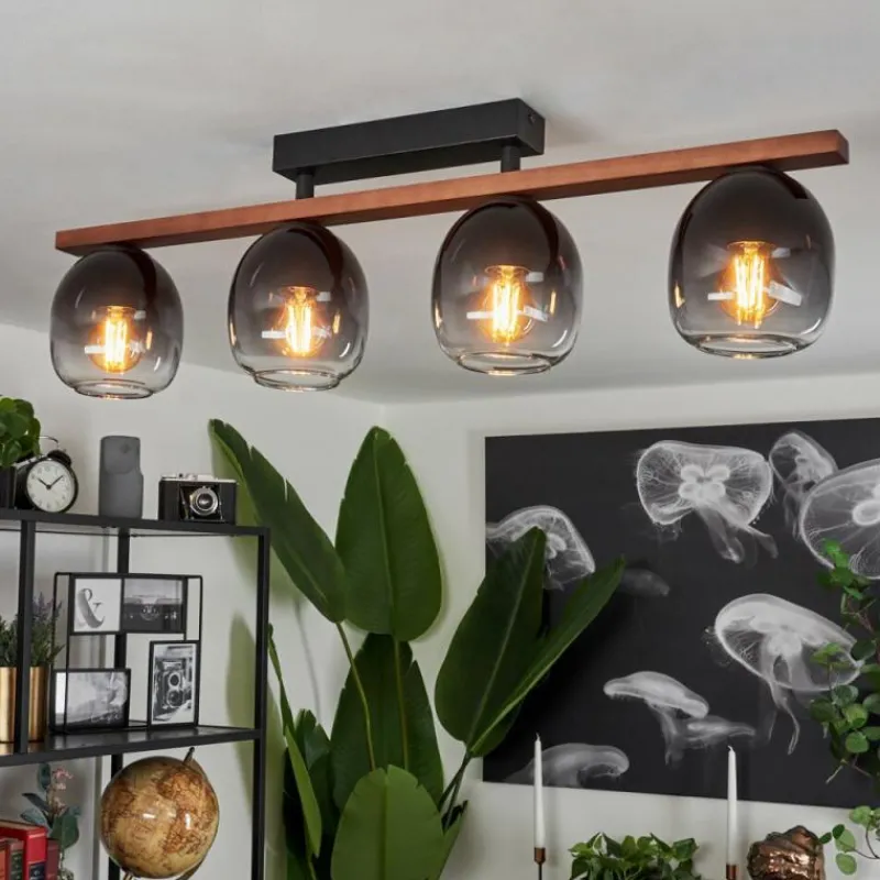 Suspension Verre Fumé-hofstein Plafonnier Chauplane Bois foncé, Noir, 4 lumières