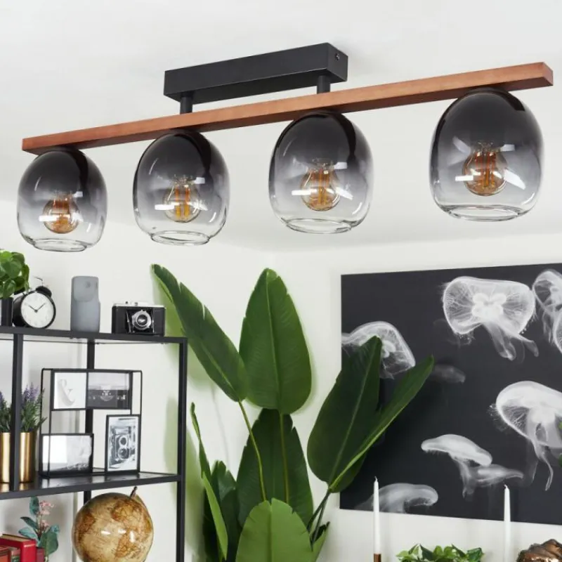 Suspension Verre Fumé-hofstein Plafonnier Chauplane Bois foncé, Noir, 4 lumières