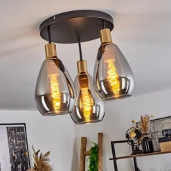 Suspension Verre Fumé-hofstein Plafonnier Lincura Laiton, Noir, 3 lumières