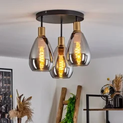 Suspension Verre Fumé-hofstein Plafonnier Lincura Laiton, Noir, 3 lumières