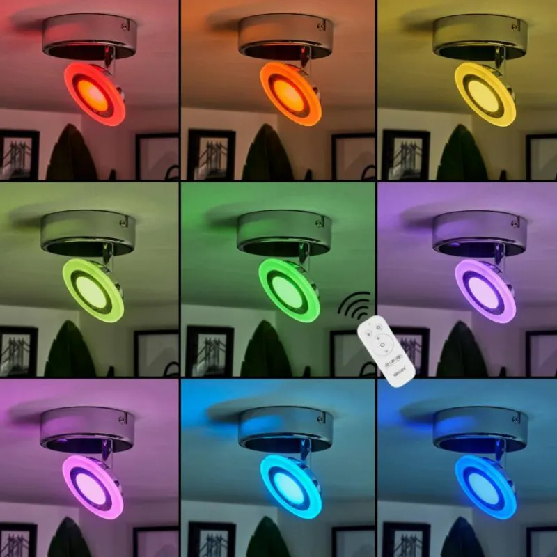hofstein Plafonnier Lucy LED Chrome, 1 lumière, Télécommandes, Changeur de couleurs