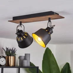 Lampes Dorées-hofstein Plafonnier Safari Chrome, Bois foncé, Noir, 2 lumières