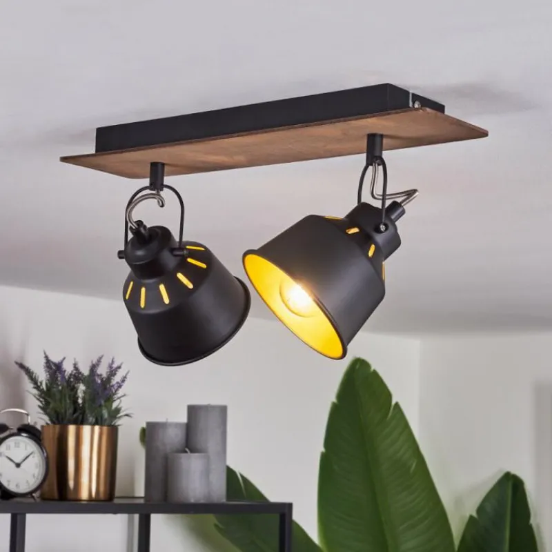 Lampes Dorées-hofstein Plafonnier Safari Chrome, Bois foncé, Noir, 2 lumières