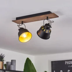 Lampes Dorées-hofstein Plafonnier Safari Chrome, Bois foncé, Noir, 2 lumières