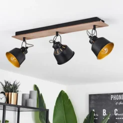 Lampes Dorées-hofstein Plafonnier Safari Chrome, Bois foncé, Noir, 3 lumières