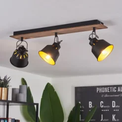 Lampes Dorées-hofstein Plafonnier Safari Chrome, Bois foncé, Noir, 3 lumières