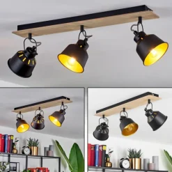 Lampes Dorées-hofstein Plafonnier Safari Chrome, Bois clair, Noir, 3 lumières