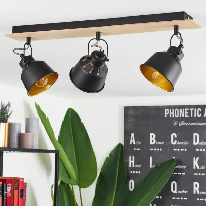 Lampes Dorées-hofstein Plafonnier Safari Chrome, Bois clair, Noir, 3 lumières