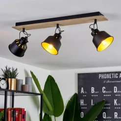 Lampes Dorées-hofstein Plafonnier Safari Chrome, Bois clair, Noir, 3 lumières