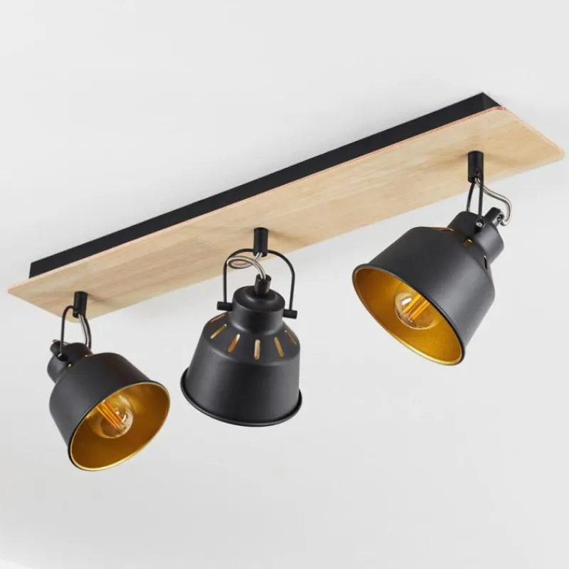 Lampes Dorées-hofstein Plafonnier Safari Chrome, Bois clair, Noir, 3 lumières