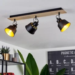 Lampes Dorées-hofstein Plafonnier Safari Chrome, Bois clair, Noir, 3 lumières