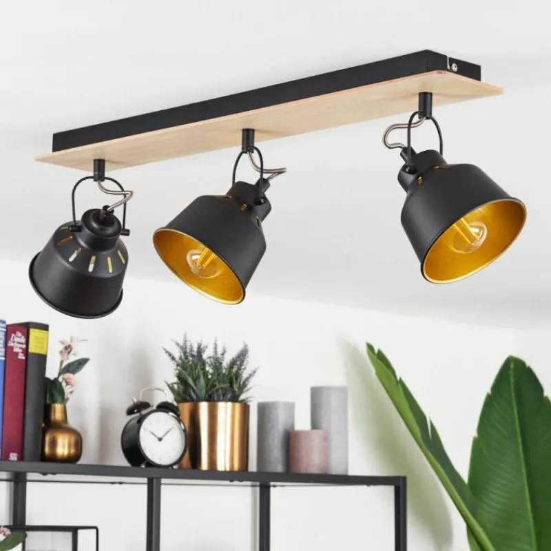 Lampes Dorées-hofstein Plafonnier Safari Chrome, Bois clair, Noir, 3 lumières
