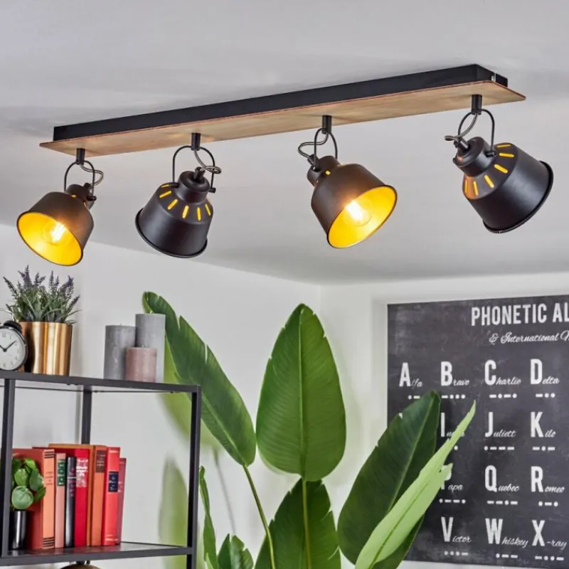 Lampes Dorées-hofstein Plafonnier Safari Chrome, Bois clair, Noir, 4 lumières