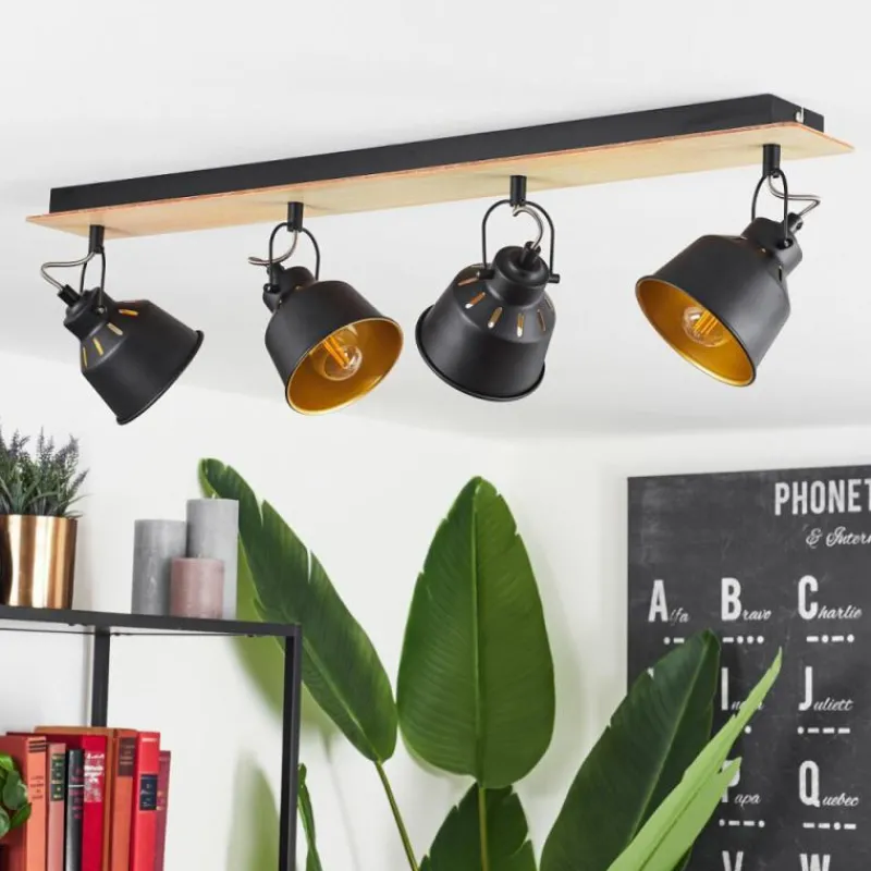 Lampes Dorées-hofstein Plafonnier Safari Chrome, Bois clair, Noir, 4 lumières