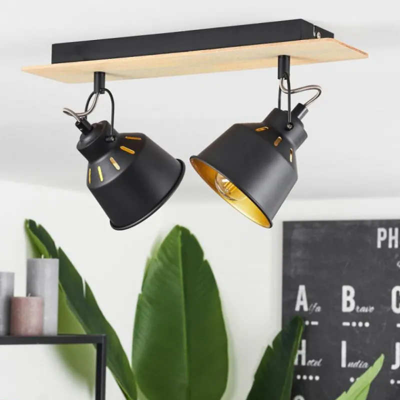 Lampes Dorées-hofstein Plafonnier Safari Chrome, Bois clair, Noir, 2 lumières