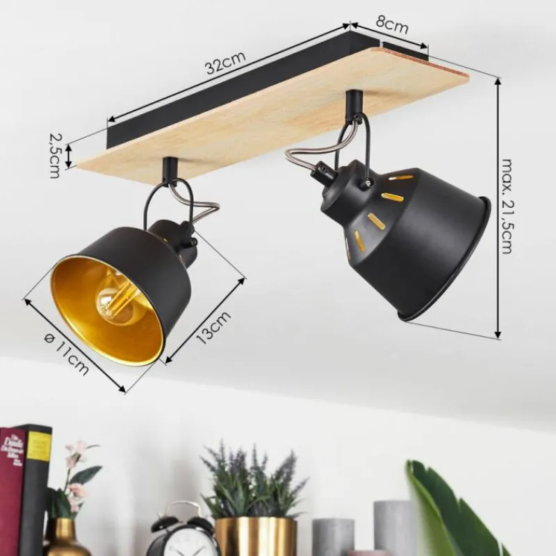 Lampes Dorées-hofstein Plafonnier Safari Chrome, Bois clair, Noir, 2 lumières