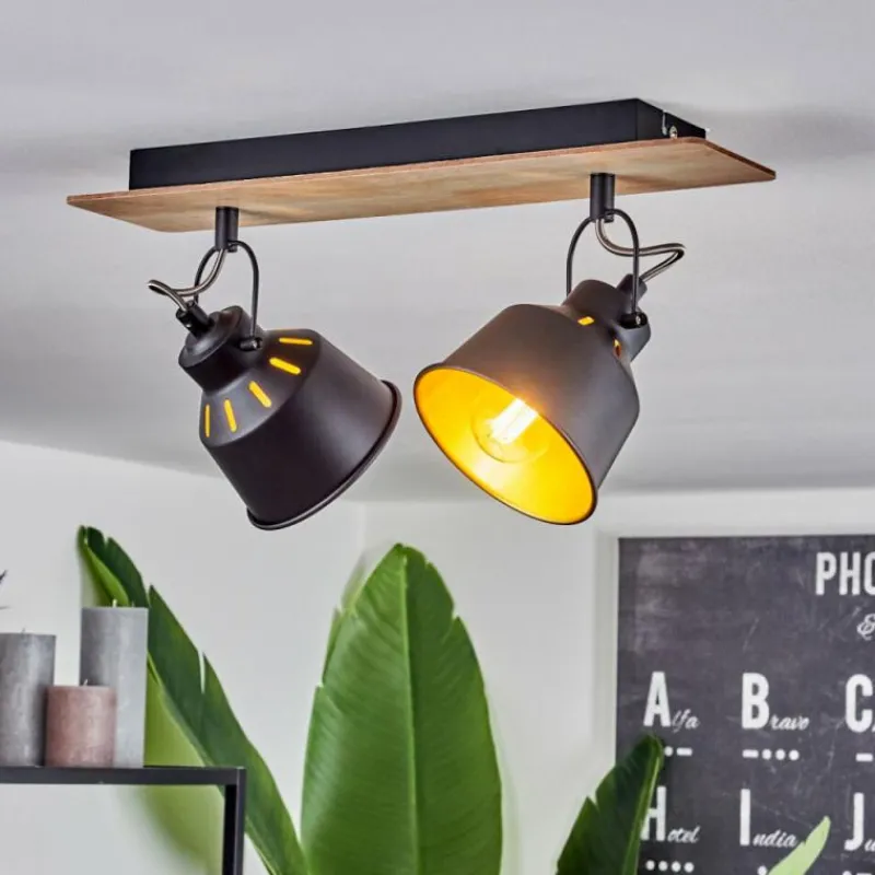 Lampes Dorées-hofstein Plafonnier Safari Chrome, Bois clair, Noir, 2 lumières