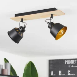 Lampes Dorées-hofstein Plafonnier Safari Chrome, Bois clair, Noir, 2 lumières