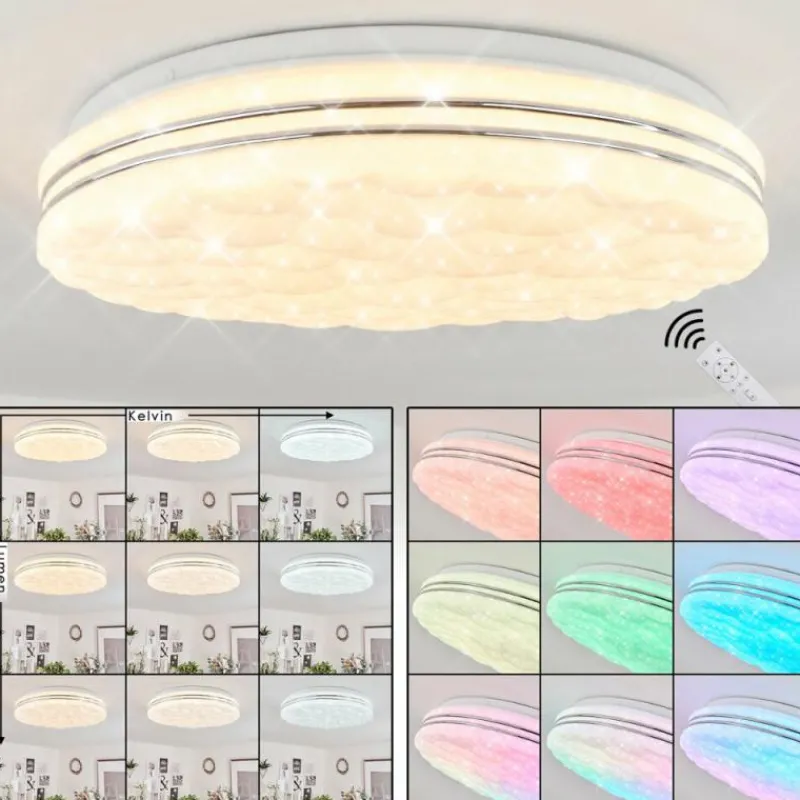 hofstein Plafonnier Savardeix LED Chrome, Blanc, 1 lumière, Télécommandes, Changeur de couleurs