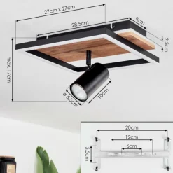 hofstein Plafonnier Sequeira LED Bois clair, Couleur bois, Noir, 2 lumières