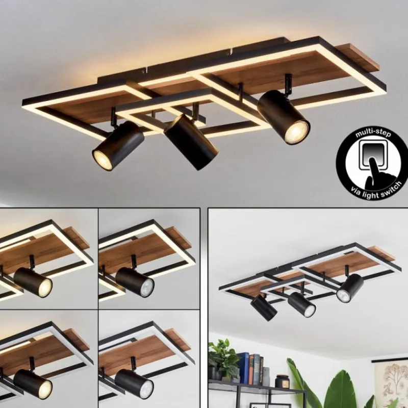 hofstein Plafonnier Sequeira LED Bois clair, Couleur bois, Noir, 4 lumières