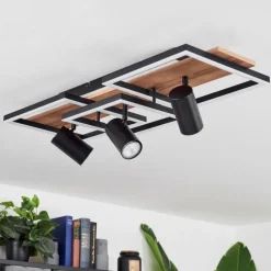 hofstein Plafonnier Sequeira LED Bois clair, Couleur bois, Noir, 4 lumières