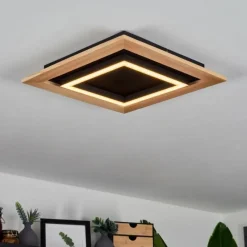 hofstein Plafonnier Tojeirinha LED Bois clair, Noir, 1 lumière, Télécommandes