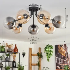 hofstein Plafonnier - Verre 10 cm, 12 cm, 15 cm Gastor Ambre, Fumé, 7 lumières