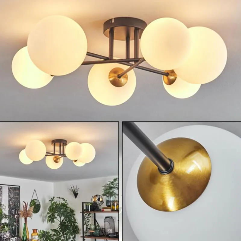 hofstein Plafonnier - Verre 12 cm, 15 cm Chehalis Or, Noir, 6 lumières