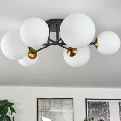 hofstein Plafonnier - Verre 12 cm, 15 cm Chehalis Or, Noir, 6 lumières