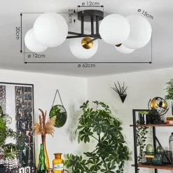 hofstein Plafonnier - Verre 12 cm, 15 cm Chehalis Or, Noir, 6 lumières