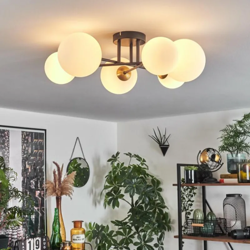 hofstein Plafonnier - Verre 12 cm, 15 cm Chehalis Or, Noir, 6 lumières